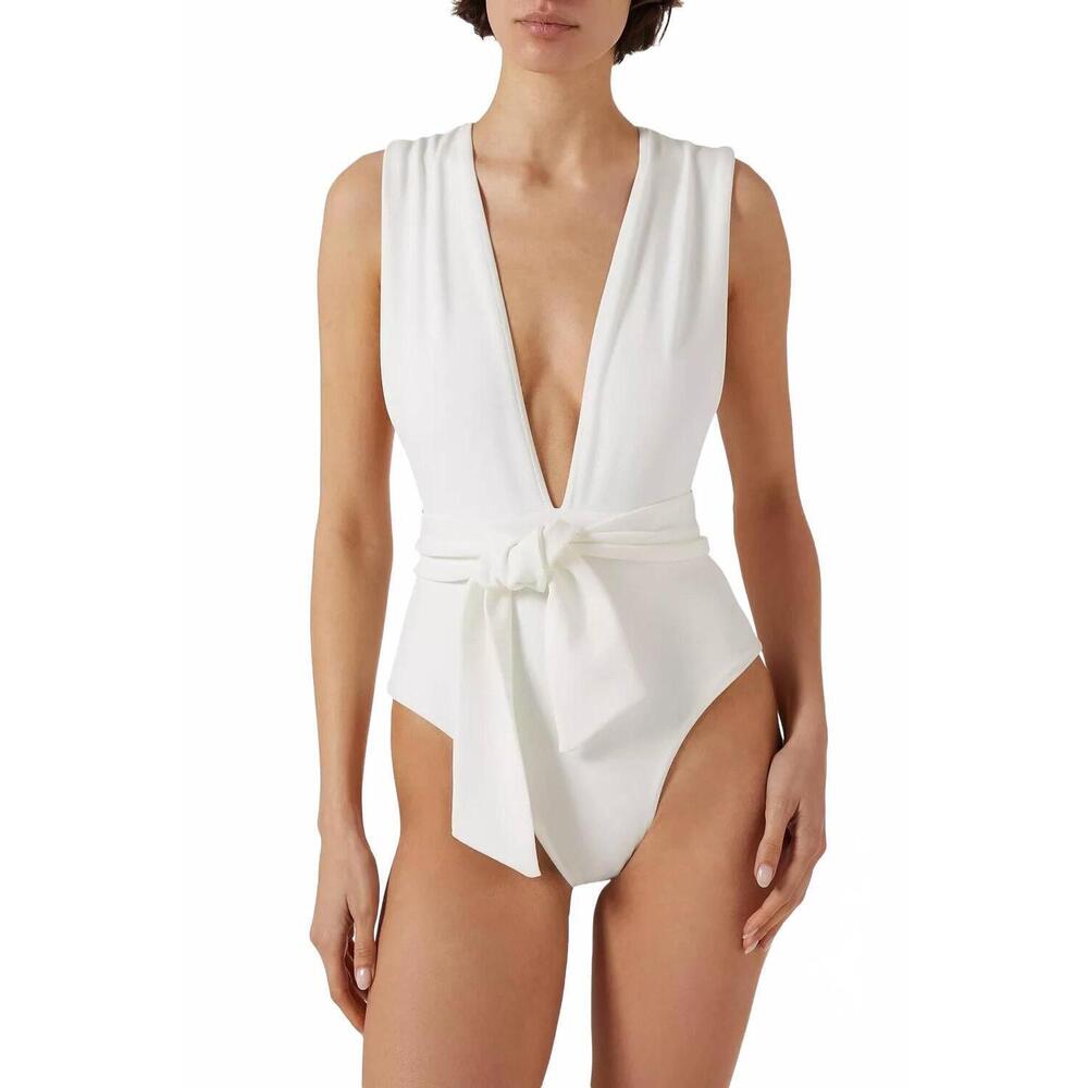 Deep V-Neck White One-Piece Swimsuit with Waist Tie